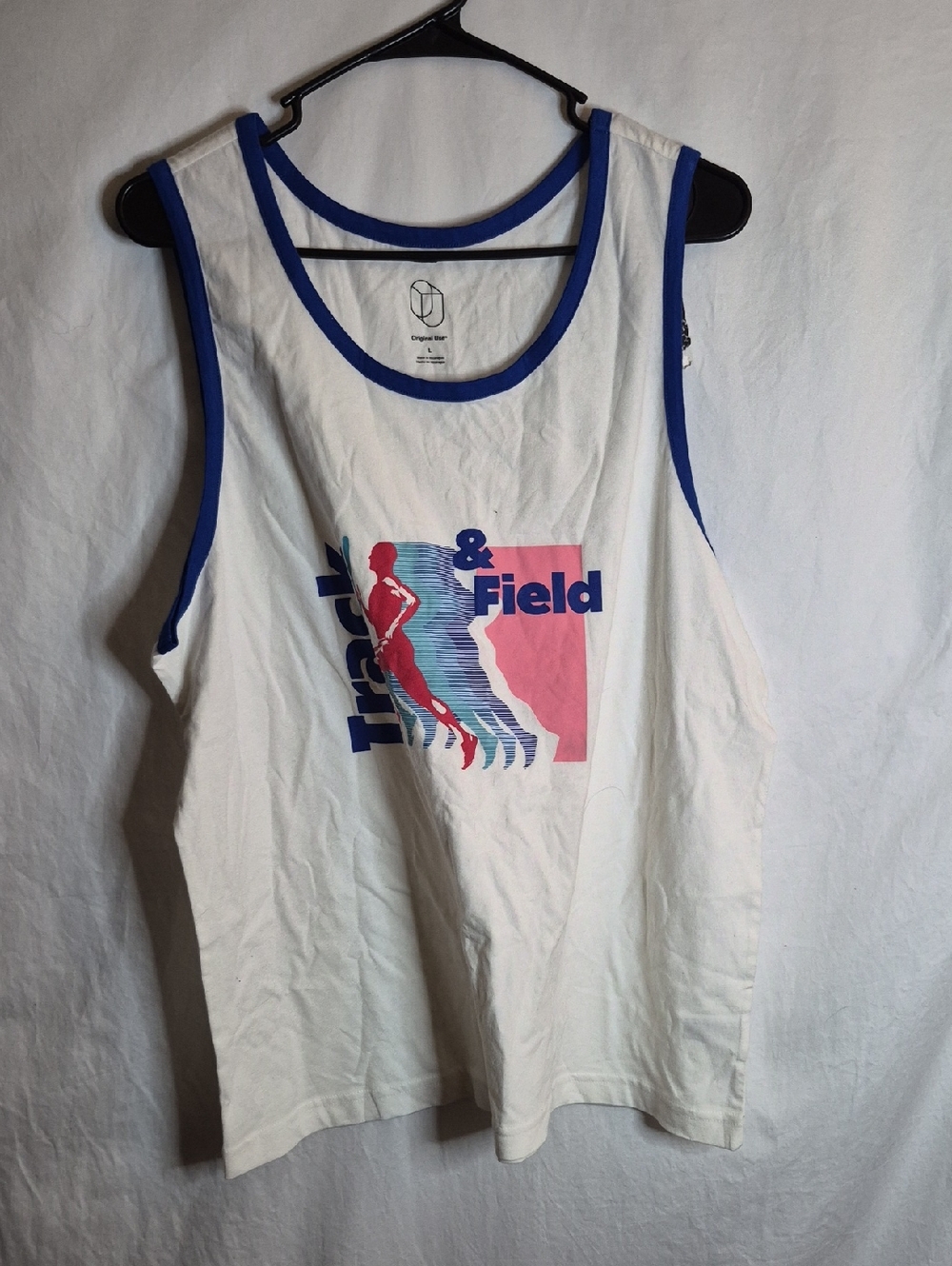Original Use White Tank Top with Blue Trim and Pink/Red Track Graphic